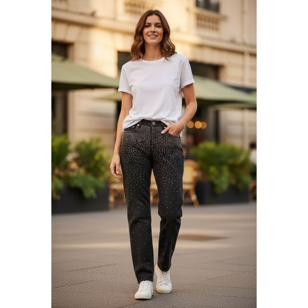 NEW PTCL Womens 25 Rhinestone Black Denim Jeans Party Chic High-Rise Straight